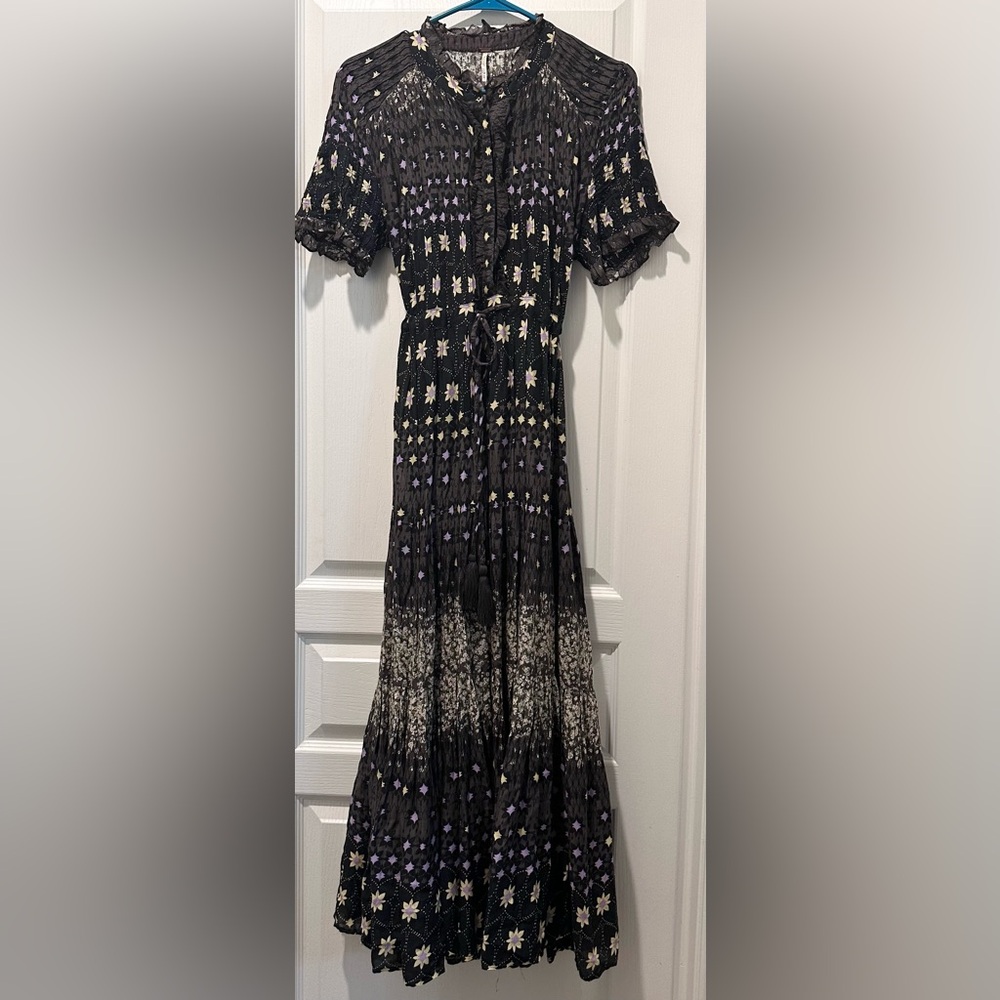 NWOT Free People 1/2 Sleeve Rare Feelings Button Up Bodice Maxi DressBlack Cocoa - Picture 6 of 11